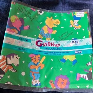 Vintage Cleo Green Animal Design Gift Wrap- Happy Birthday -Sealed New Old Stock